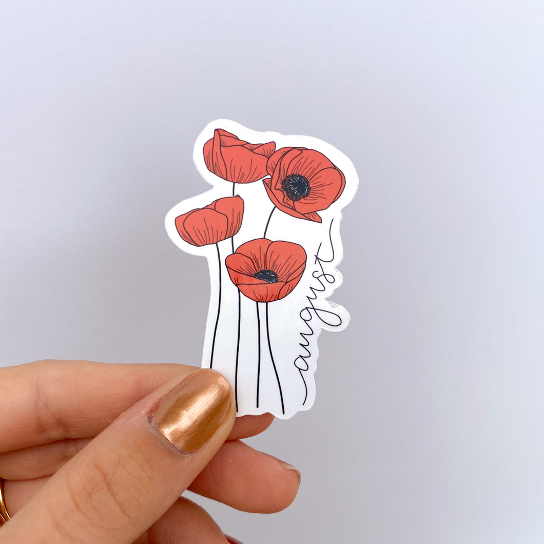 August Poppy Birth Month Flower Sticker - Month Lettering